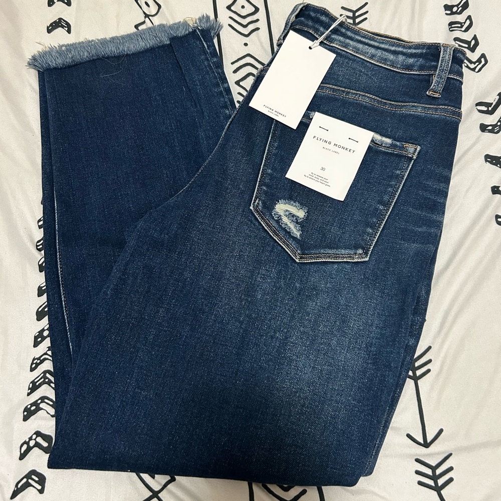 Flying Monkey Women's Frayed Hem Dark Blue Jeans